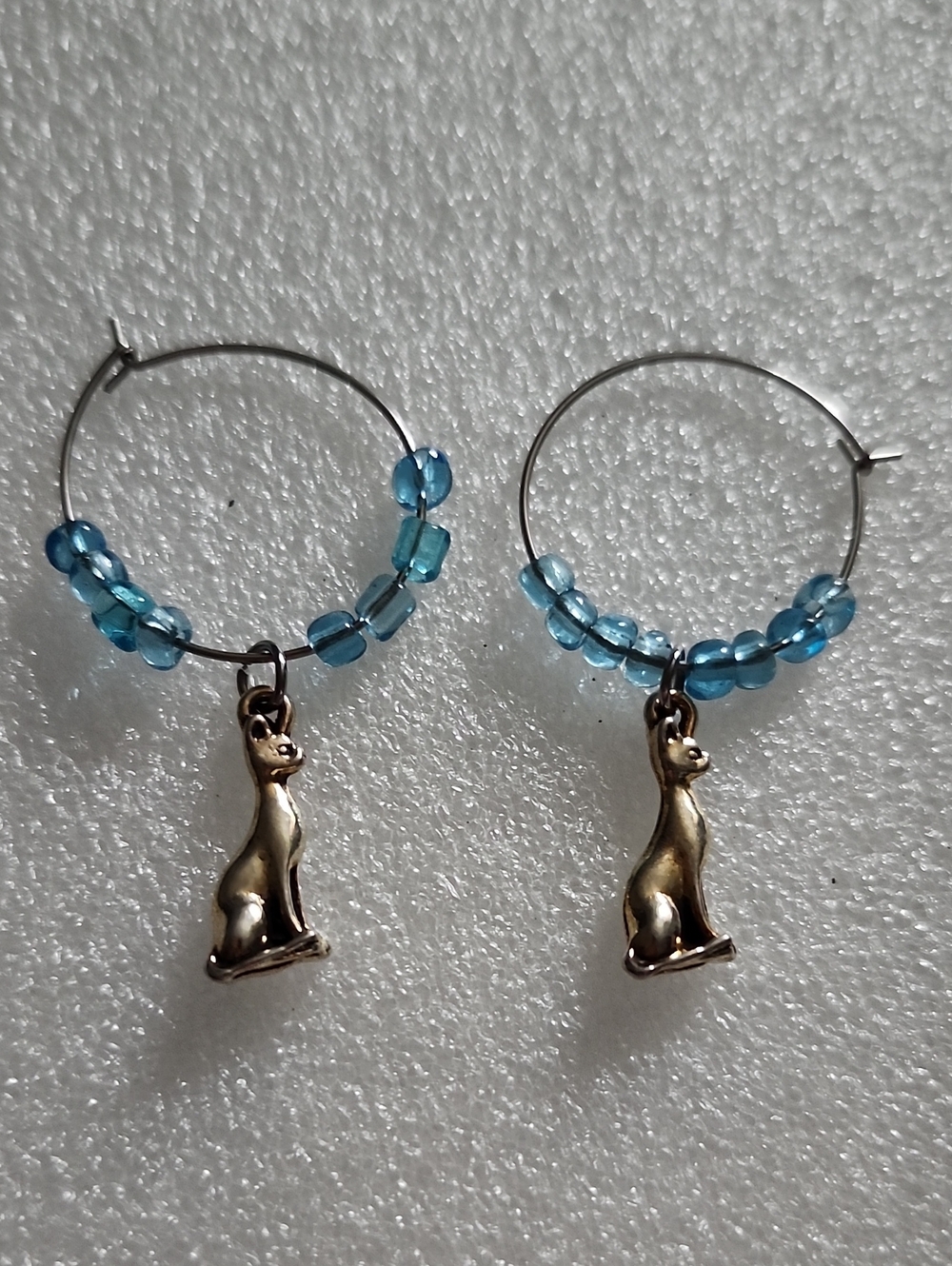 Hand Crafted Blue Beaded Cat Charm Hoop Earrings